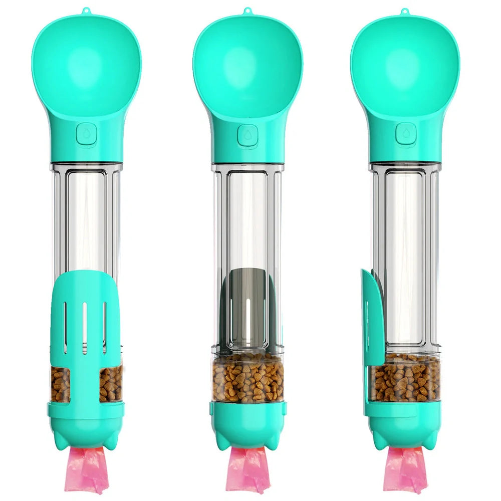 Aquamarine portable dog water bottle with attached poop bag dispenser and treat holder compartment