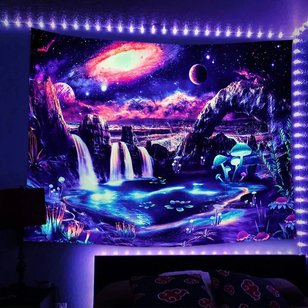 Fluorescent luminous polyester tapestry with psychedelic machine-woven patterns glowing under UV light