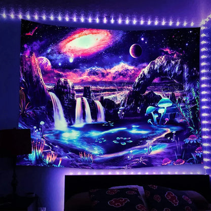 Fluorescent luminous polyester tapestry with psychedelic machine-woven patterns glowing under UV light