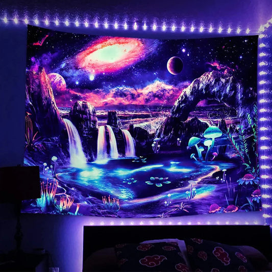 Fluorescent luminous polyester tapestry with psychedelic machine-woven patterns glowing under UV light
