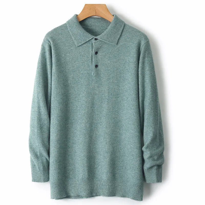 Men's wool sweater with a polo collar and long sleeves, shown in one of seven available colours.
