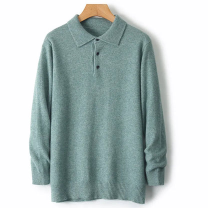 Men's wool sweater with a polo collar and long sleeves, shown in one of seven available colours.