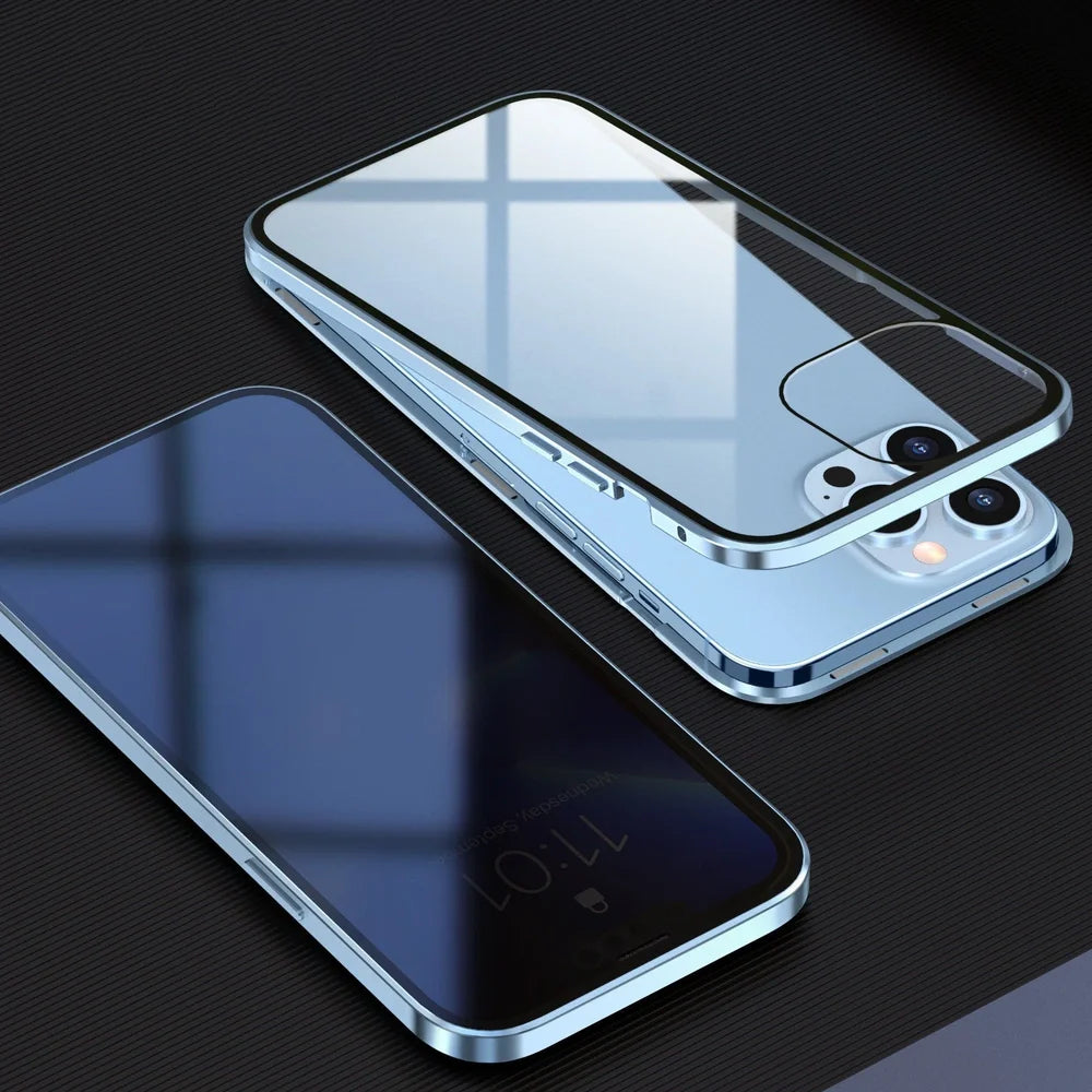 Fashion Personality Magneto Glass Metal Phone Case showing double-sided explosion-proof glass and metal frame for iPhone protection