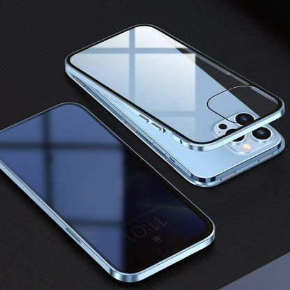 Fashion Personality Magneto Glass Metal Phone Case showing double-sided explosion-proof glass and metal frame for iPhone protection