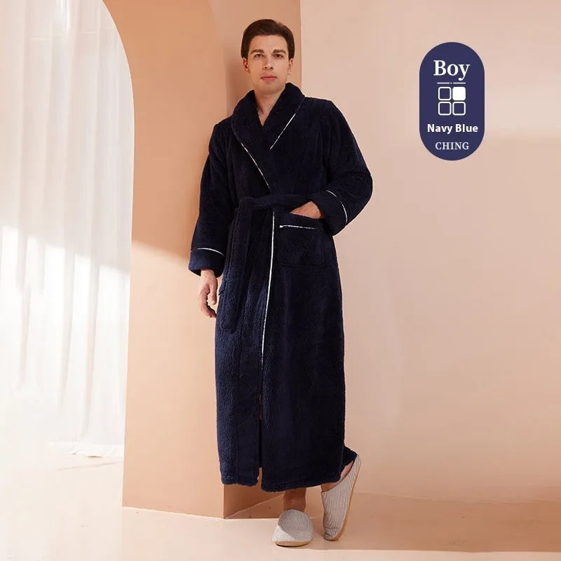 Winter flannel bathrobe with thick 301-350g/m² fabric in 2102 navy blue colour, European/American style