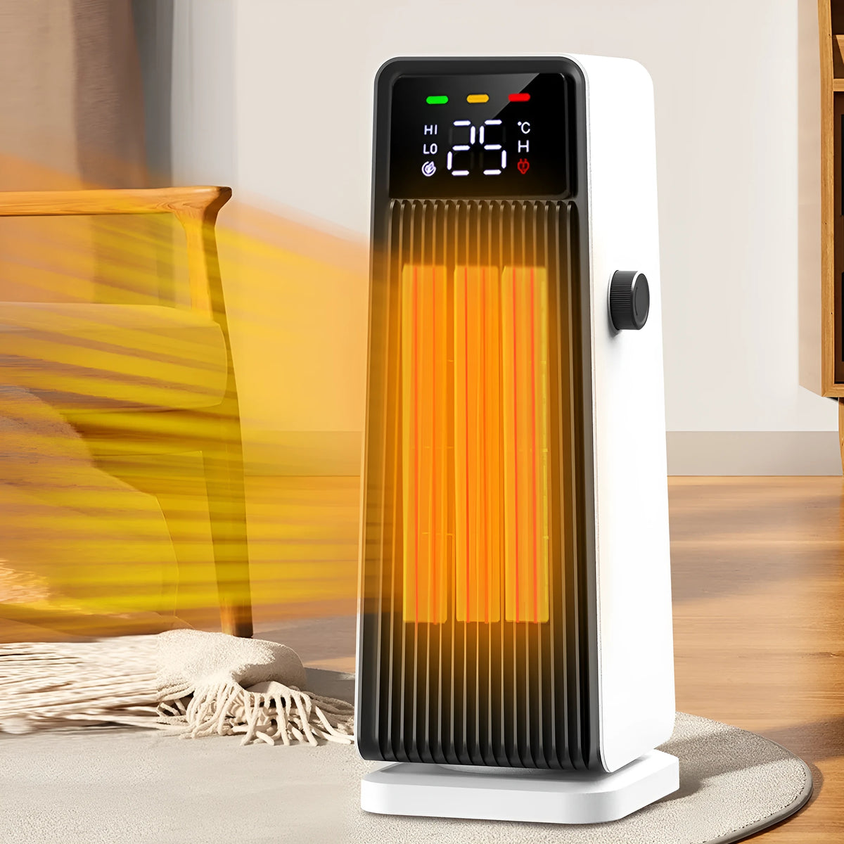 White small electric air conditioner heater with PTC heating, 1500W, oscillating air supply, touch control and timer.