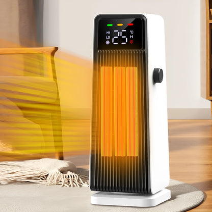 White small electric air conditioner heater with PTC heating, 1500W, oscillating air supply, touch control and timer.