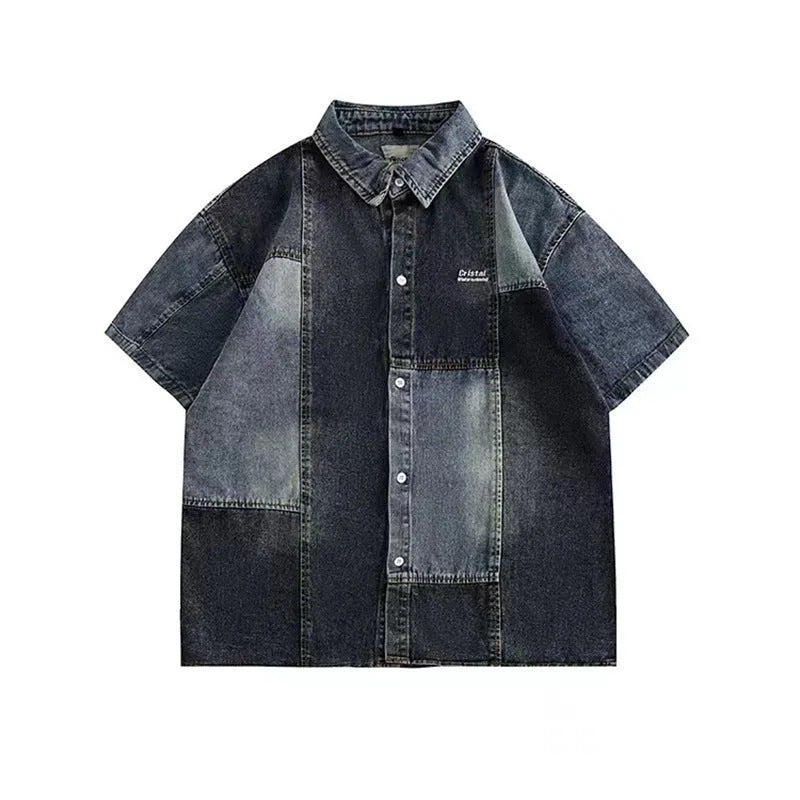 Blue Japanese-style loose fit denim cardigan shirt for men with retro washed finish.