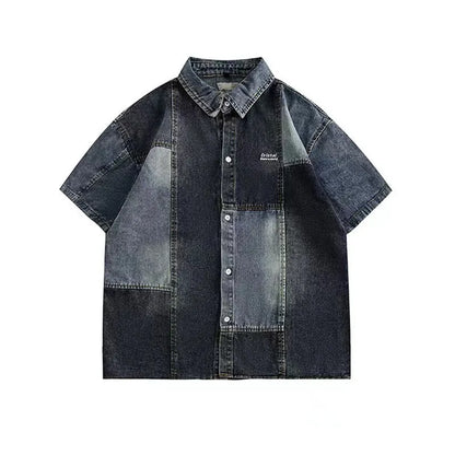 Blue Japanese-style loose fit denim cardigan shirt for men with retro washed finish.