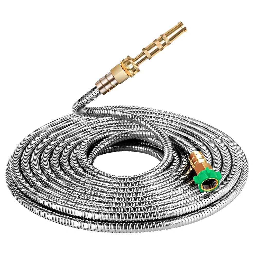 Stainless steel garden hose with brass adjustable nozzle coiled in UK garden setting