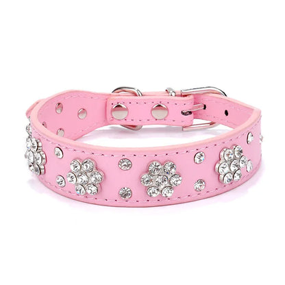 PU leather dog collar with rhinestone flower pattern and metal studs, adjustable for small and medium dogs