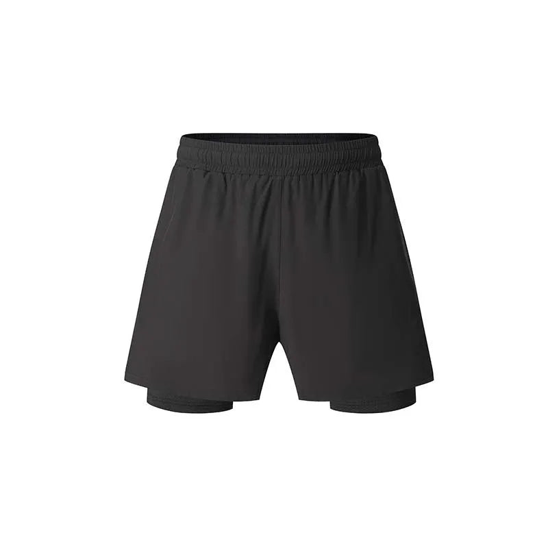 Men's black double-layer sports shorts with spandex liner for running and fitness activities