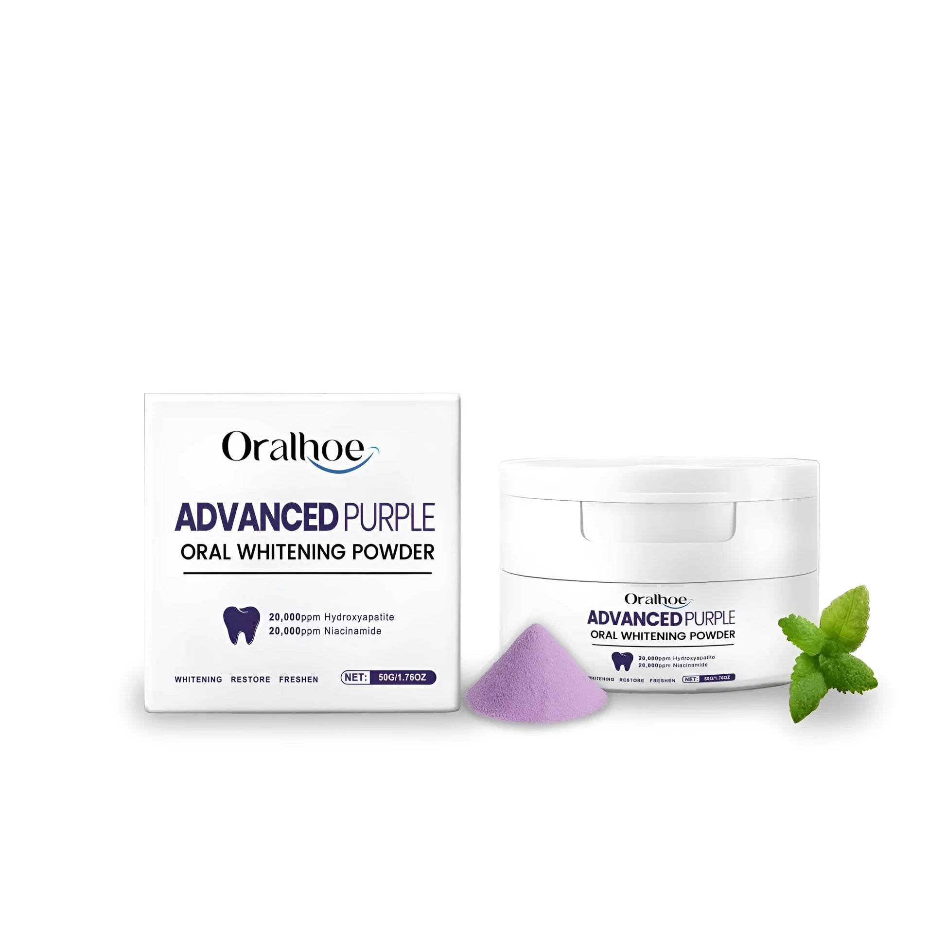 50g container of hydroxyapatite tooth powder with mint and lavender ingredients