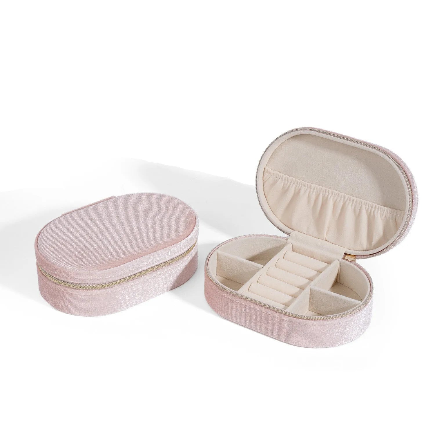 Oval velvet jewellery storage box with flannel lining in lake blue colour showing 15x10x5cm dimensions