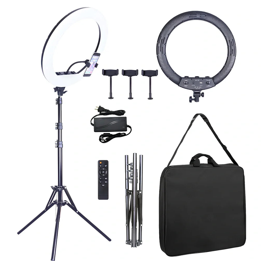 18-inch ring light with adjustable gimbal showing 45.5cm diameter illumination for photography