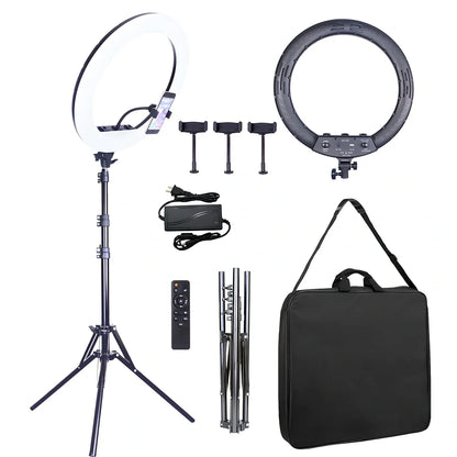 18-inch ring light with adjustable gimbal showing 45.5cm diameter illumination for photography
