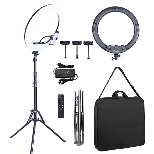 18-inch ring light with adjustable gimbal showing 45.5cm diameter illumination for photography