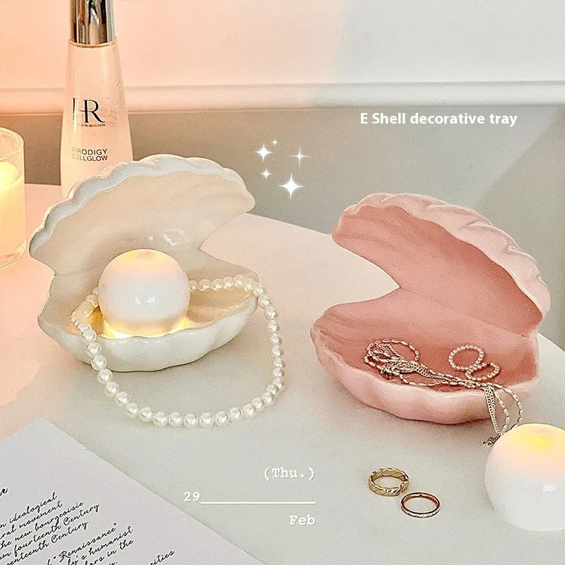 White porcelain small night lamp storage box tray with yellow light, pink shell option, 15cm x 10cm x 5cm