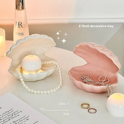 White porcelain small night lamp storage box tray with yellow light, pink shell option, 15cm x 10cm x 5cm