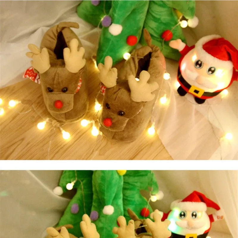 Christmas elk slippers for couples in yellow and khaki, plush material, sizes 35-43