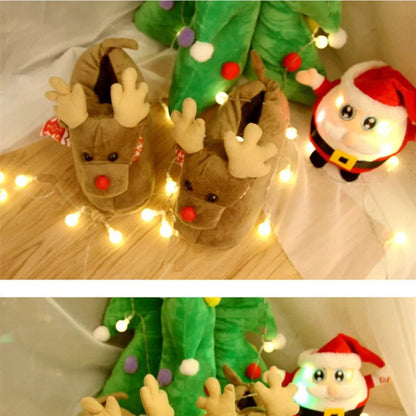 Christmas elk slippers for couples in yellow and khaki, plush material, sizes 35-43