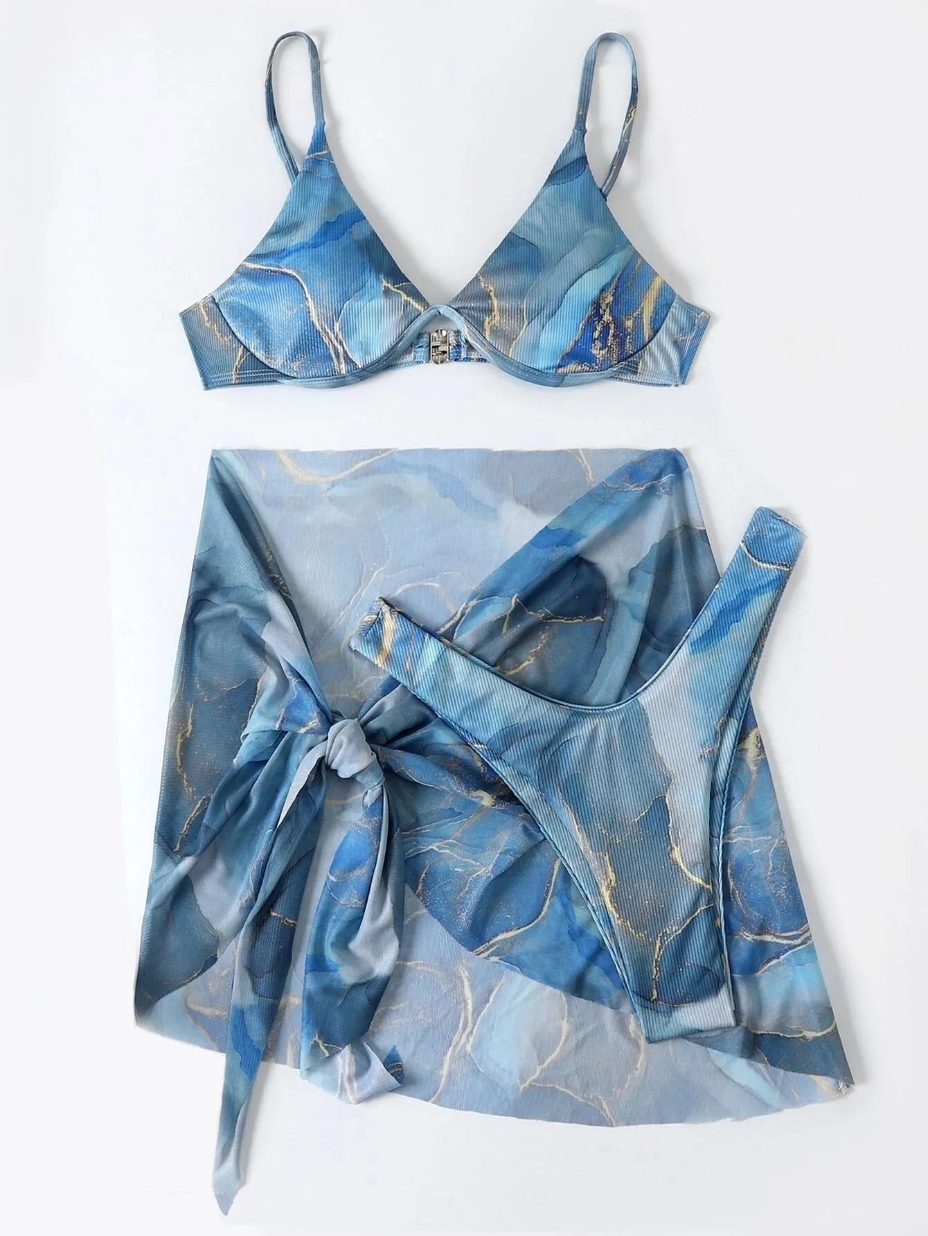 Marble print bikini swimwear set showing bra, panties, and skirt in blue colour