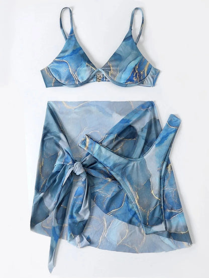Marble print bikini swimwear set showing bra, panties, and skirt in blue colour