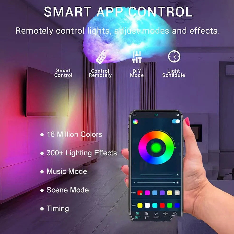 RGB Phantom Thundercloud LED Cloud Light showing cloud shape with multicolour LED illumination and remote control