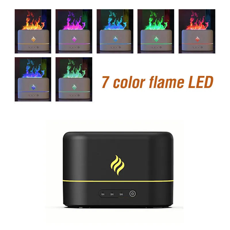 Black or white USB humidifier with seven-colour flame effect light and water tank.