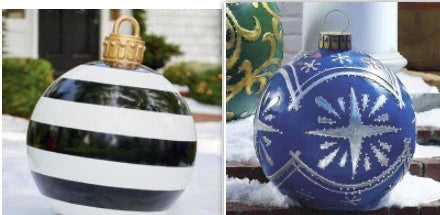 Vibrant, inflatable Christmas ornaments in various holiday designs for outdoor decoration