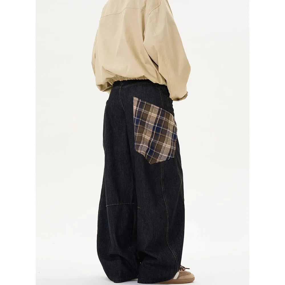 Loose straight-leg trousers in coffee plaid pattern with mid waist design