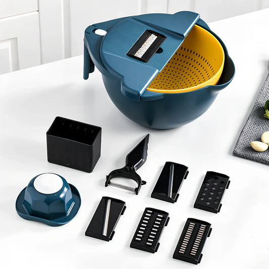 Blue and white PP plastic vegetable cutter measuring 28cm by 13cm with corrugated box packaging