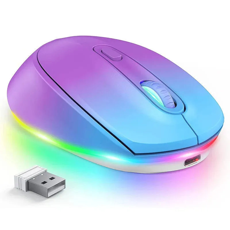Wireless ergonomic mouse in multiple colours showing compact design with USB charging cable