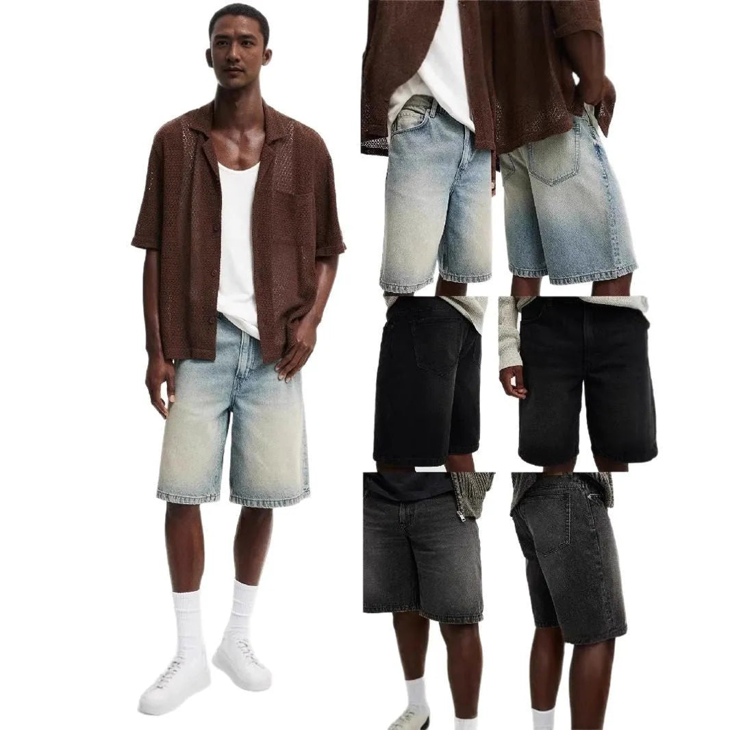 Men's light blue loose-fit straight-leg cotton jeans on a neutral background.