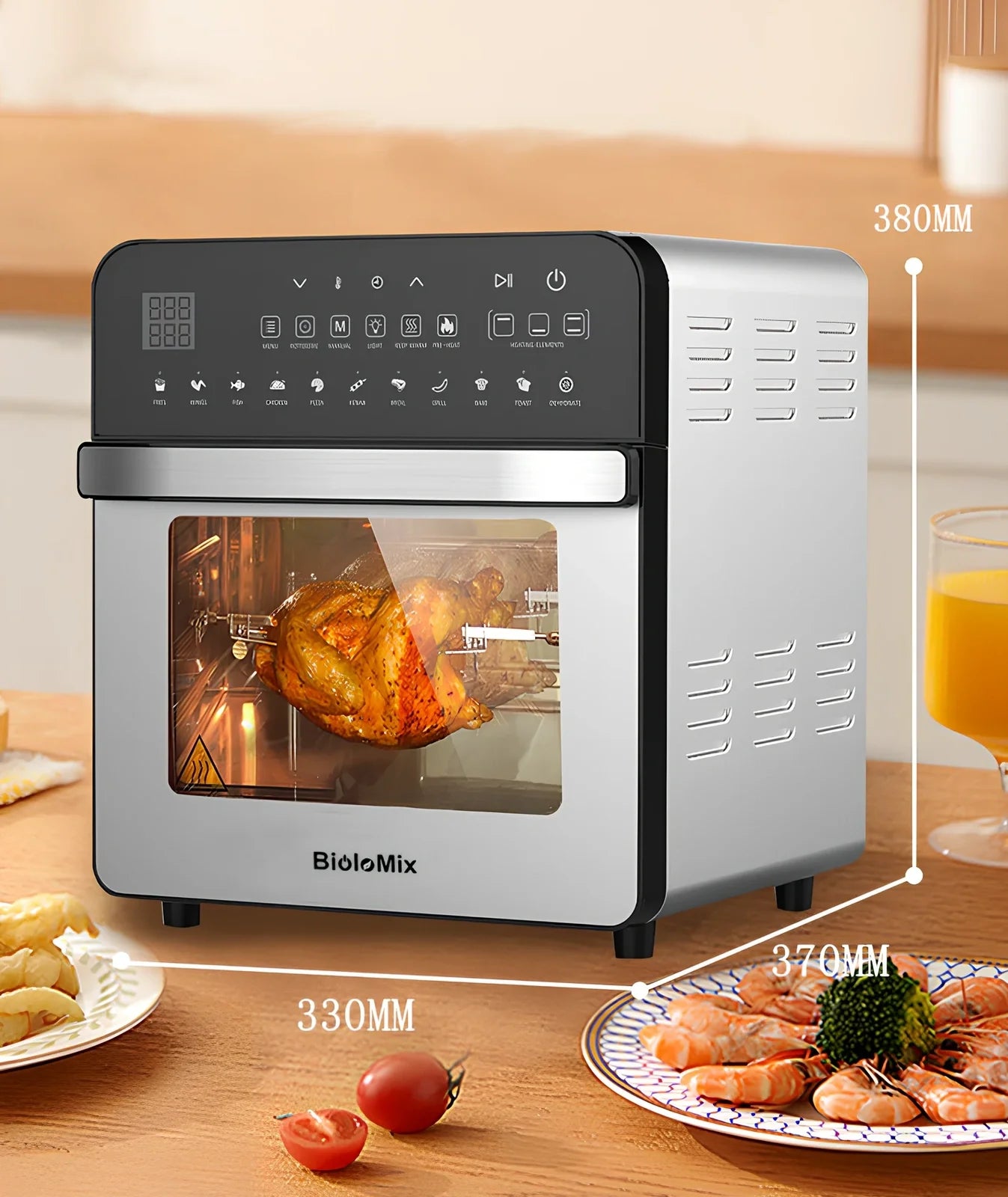 White 15L stainless steel air oven with touch panel, 1700W heating, 33cm x 37cm x 38cm dimensions