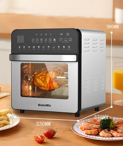 White 15L stainless steel air oven with touch panel, 1700W heating, 33cm x 37cm x 38cm dimensions