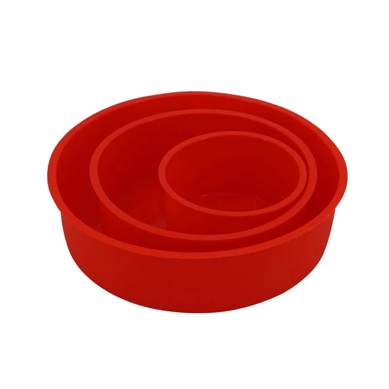 Red silicone round cake mould set showing 4-inch, 6-inch, and 8-inch sizes for baking