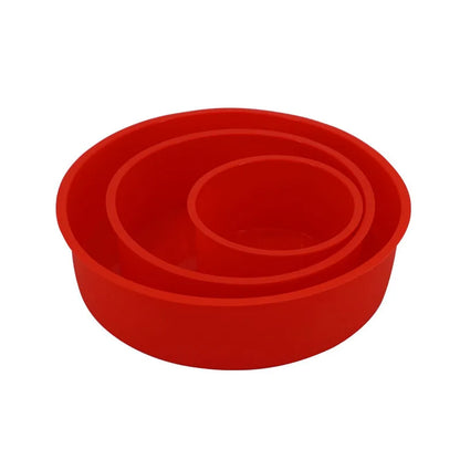 Red silicone round cake mould set showing 4-inch, 6-inch, and 8-inch sizes for baking