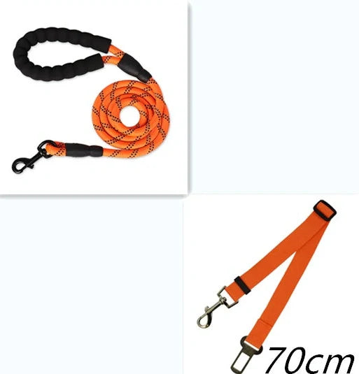 Reflective dog leash with foam handle showing 1.5m length and zinc alloy hook
