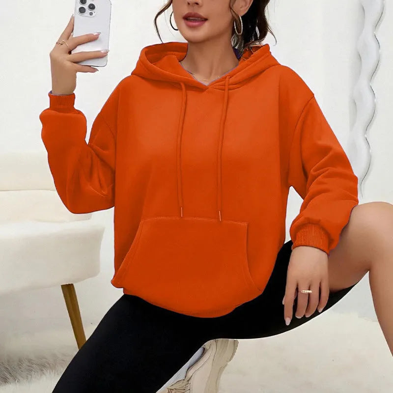 Women's loose grey sweatshirt with drawstring neck and front pocket, long sleeves, available in 17 colours