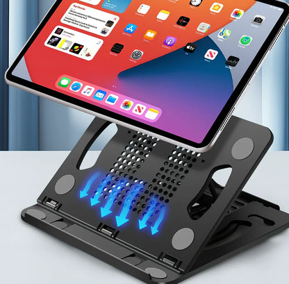 Black portable laptop stand with eight adjustable height settings expanded to 220mm width