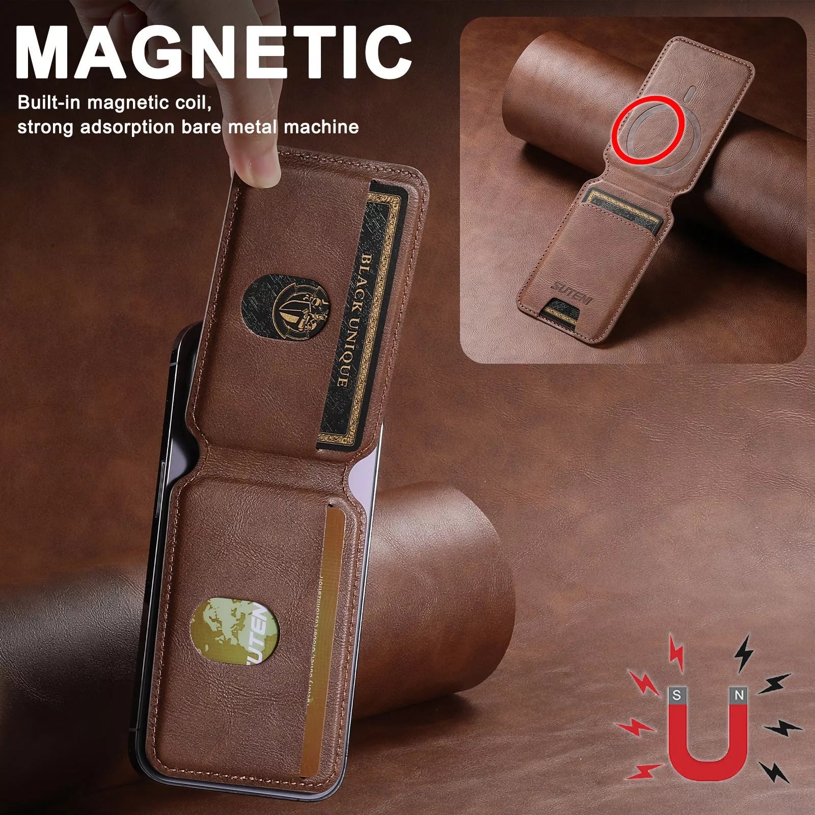 Android universal phone magnetic card holder with MagSafe ring in PU leather