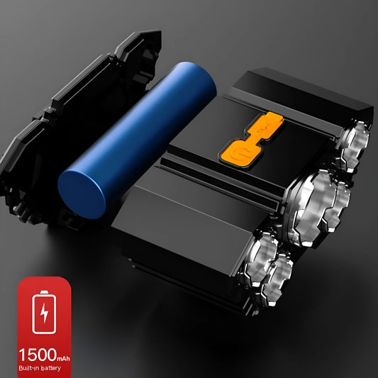 Head-mounted LED miner's lamp flashlight with adjustable strap, 10W LED, and data cable.