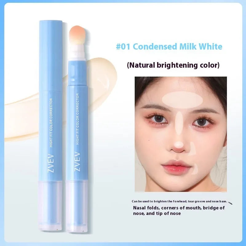Concealer pen with sponge brush head applicator showing three shade options: brightening, pink flesh, and flesh colour