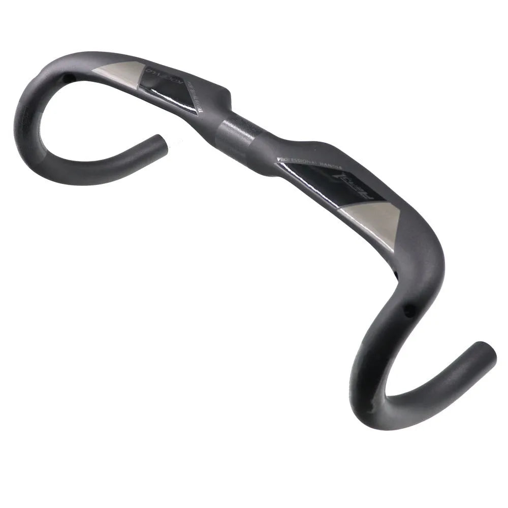 Matte black carbon fibre road bike drop handlebar showing bent shape.