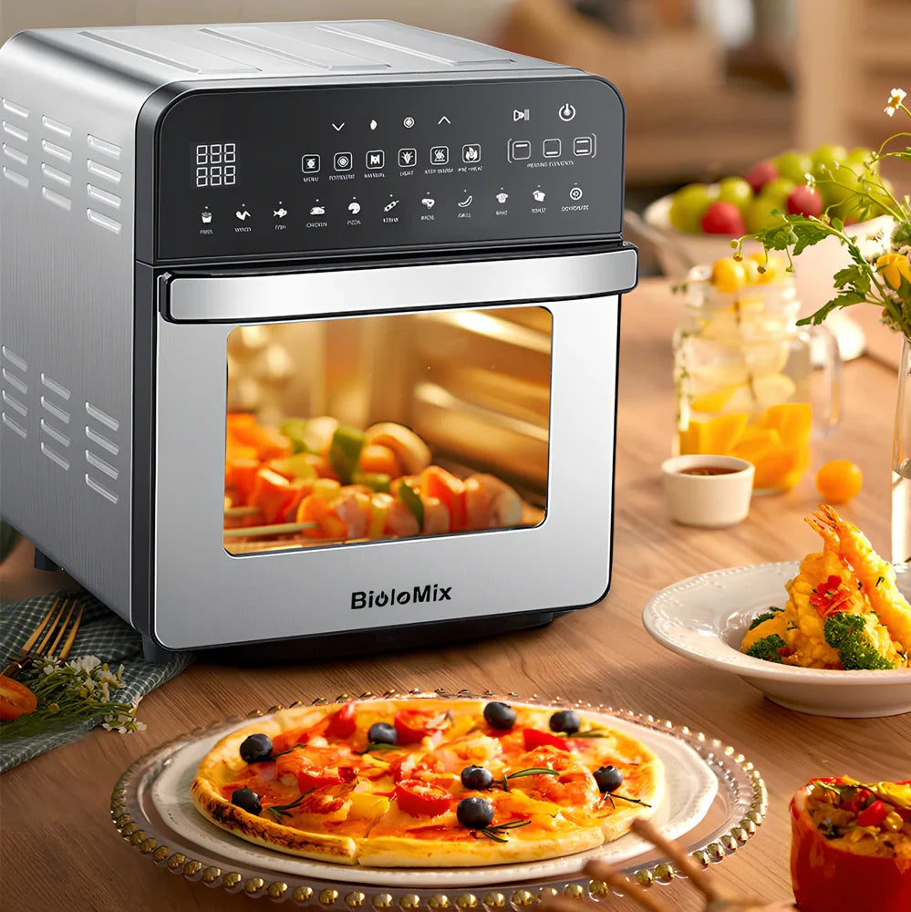 White 15L stainless steel air oven with touch panel, 1700W heating, 33cm x 37cm x 38cm dimensions