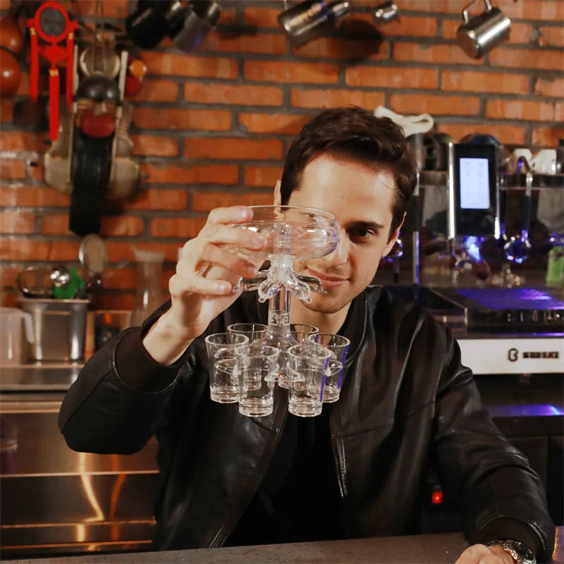 Transparent PMMA 6-shot glass dispenser stand with six shot glasses on a bar