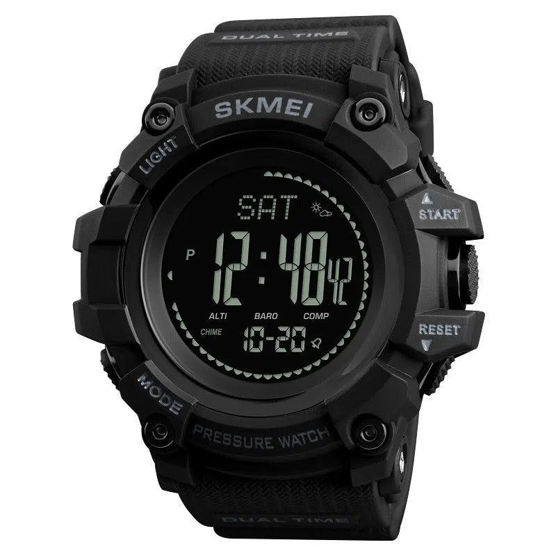 Outdoor sports calendar compass watch with 53mm round dial, metal case, plastic strap, in red, blue, black or Army Green