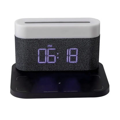 Four-in-one table lamp with clock and wireless phone charger, 12V Micro USB, White or Black