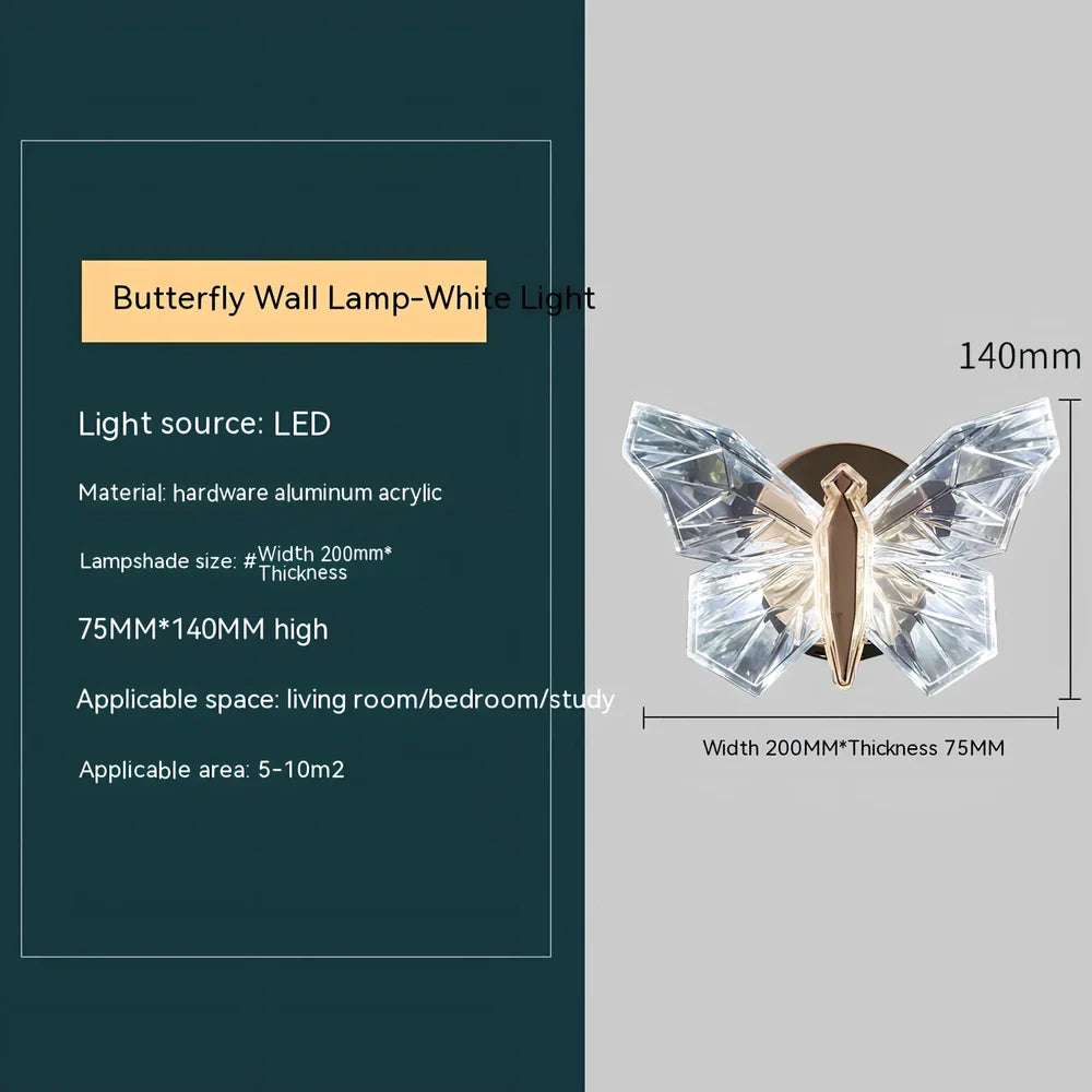 Butterfly-shaped crystal wall lamp with aluminium frame and multi-colour LED lighting for bedroom decoration